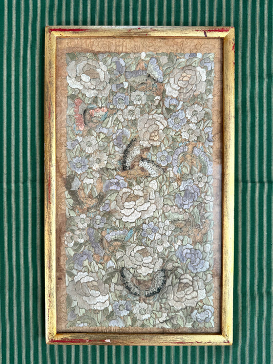 Framed Embroidered Chinoiserie Silk Fabric with Butterfly and Flower Motif’s